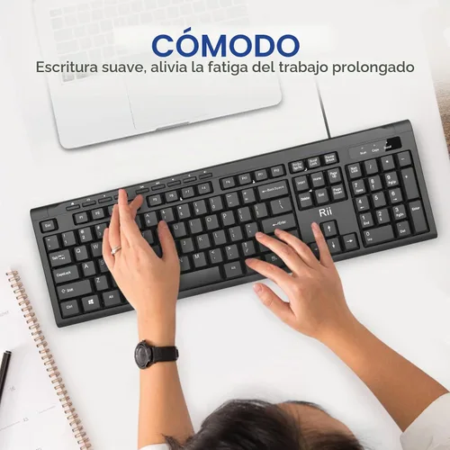 Vista 2 de Rii RK907 Teclado compacto ultrafino USB con cable para Mac y PC, Windows 10/8/7/Vista/XP (negro) (10 piezas)