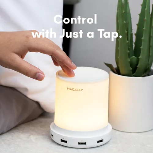 Vista 5 de Macally - lámpara LED para escritorio, mesa de luz, mesilla de noche con 4 puertos de carga USB. 3 niveles de brillo, control táctil, luz blanca