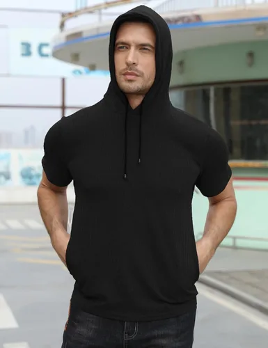 Vista 4 de KELLORENA Sudadera con capucha para hombre, elástica, de manga corta, ligera, acanalada, para gimnasio