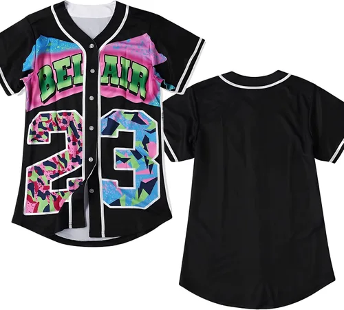 Vista 2 de DreamJ Traje de los años 90 para mujer, camiseta de béisbol Bel Air, ropa de fiesta de hip hop, camisa de manga corta para fiesta club