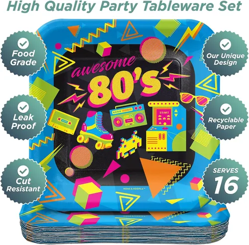 Vista 2 de HOME & HOOPLA Suministros para fiestas de los 80 - Platos de postre de papel cuadrados con íconos totalmente geniales de los años 1980 para 16