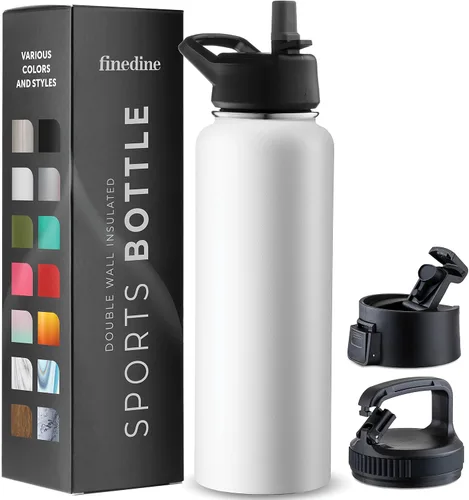Vista 41 de FineDine Botellas de agua aisladas de triple pared con popote, botella de metal de acero inoxidable de 25 onzas con 3 tapas a prueba de fugas