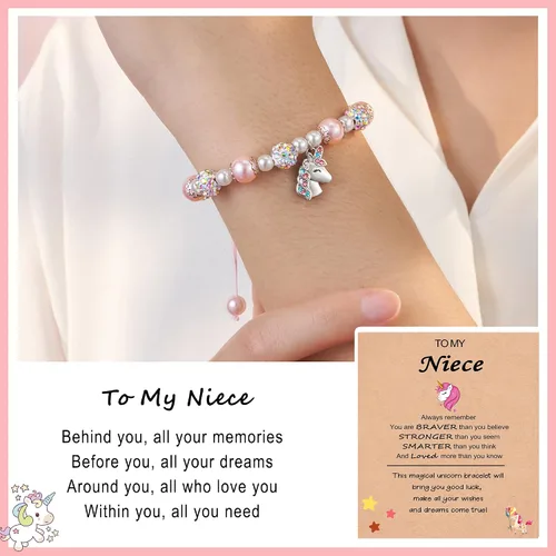Vista 2 de HGDEER Valentines Day Gifts for Little Girls Unicorn Bracelet for DaughterGranddaughterNiece Pink Pearl and Rhinestone Balls Bracelet Adjustable