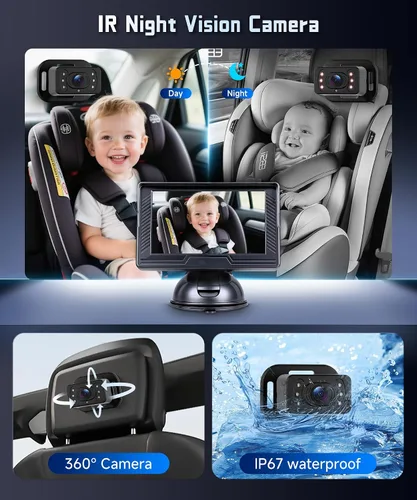 Vista 5 de Cámara de coche de bebé para asiento trasero HD con visión nocturna, ángulo de visión ajustable, fácil instalación, cámara giratoria de 360°