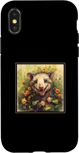 Vista 4 de iPhone 14 Zarigüeya Jardín Flores Pintura Mascota Mamá Papá Caso