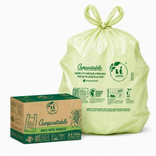 Vista 12 de Bolsas de camiseta compostables UNNI con asas de lazo, 1.6 galones / 6 litros, 50 unidades, forros de cajón de cocina pequeños de 0.64 mil