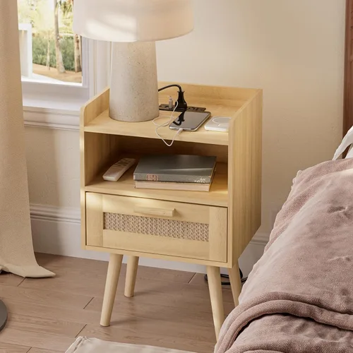 Vista 4 de Masupu Mesita de noche, mesita de noche pequeña con dos cajones, mesita de noche blanca, muebles de noche, mesa auxiliar moderna de mediados