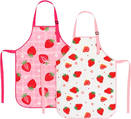 Vista 15 de Paquete de 2 delantales para niños, bonitos delantales de cocina, delantal de arte impermeable con bolsillos, delantal ajustable para pintores