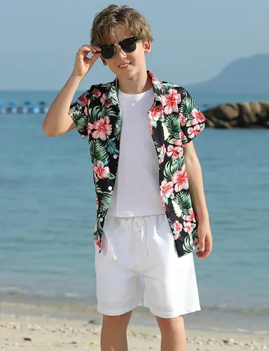 Vista 5 de Enlifety Camisa hawaiana para niños y niñas, blusa casual de verano de manga corta con botones, talla 2-10T