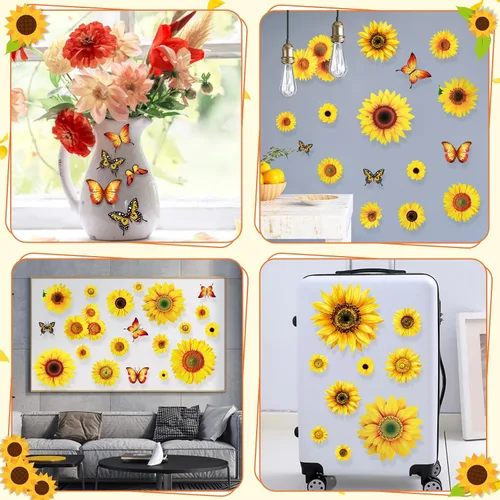 Vista 4 de 100 calcomanías de pared para ventana de girasol con mariposa 3D, decoración de vinilo de 1 a 4 pulgadas, calcomanías autoadhesivas de girasol