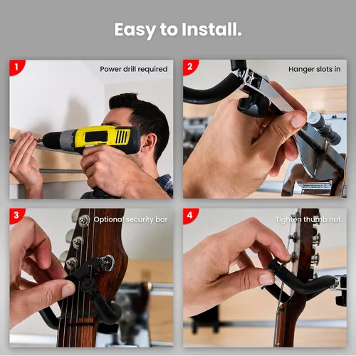 Vista 7 de DLDIRECT DiamondLife - Soporte de pared para guitarra color rojo cereza de 48 pulgadas, 3 perchas cromadas con bloqueo de seguridad acolchado