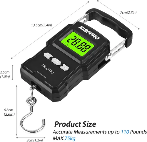Vista 2 de RISEPRO® Balanza digital de peces de 165.3 lbs/165 libras con regla de 39 pulgadas, balanza electrónica de equipaje para pescar, gancho colgante