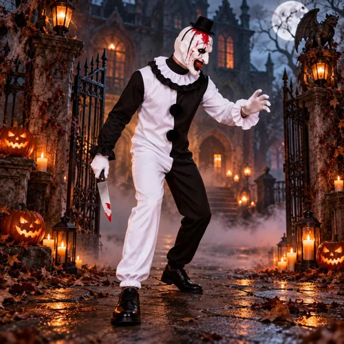 Vista 7 de 5Pcs Art Clown Costume Adults Terrifying Mask Halloween Outfit White