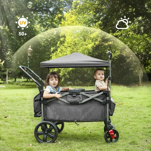Vista 2 de EVER ADVANCED - Carros plegables para dos niños y carga, carro plegable colapsable con mango ajustable, toldo extraíble con arnés de 5 puntos, negro