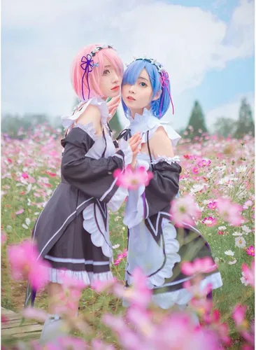 Vista 2 de FMMOEK Disfraz de Re Zero para mujer disfraz de sirvienta de anime capa de media oreja vestido blanco