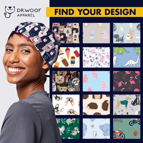Vista 7 de Dr. Woof Apparel - Gorras quirúrgicas para mujeres y hombres, sombreros lavables, enfermeras, otros trabajadores de la salud, coloridos con botones