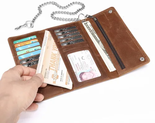Vista 3 de Cartera de piel auténtica con tres pliegues para hombre con cadena cartera de motociclista con cadena larga y resistente Marrón largo