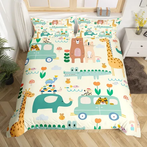 Vista 3 de Feelyou Funda de edredón de elefante de dibujos animados para niños, tamaño individual, juego de ropa de cama de cocodrilo para niños y niñas, funda