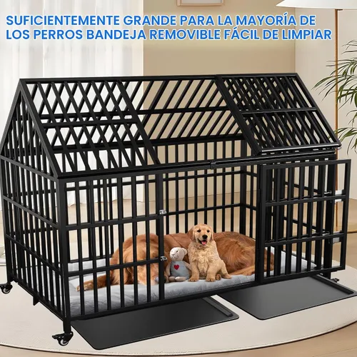 Vista 3 de Jaula resistente para perros de 58 pulgadas, jaula para mascotas duradera con techo, 2 puertas, bandejas extraíbles, ruedas con cerradura a prueba