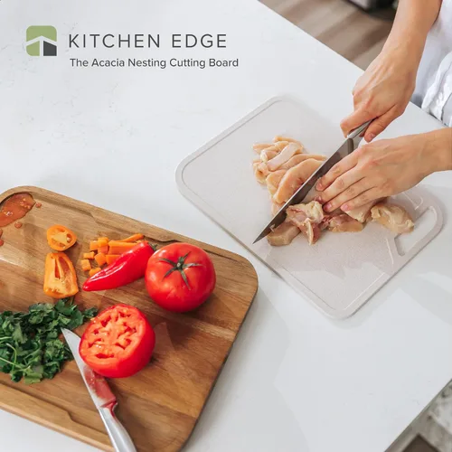 Vista 2 de KitchenEdge Juego de tablas de cortar anidadas, 2 piezas, acacia Tabla de cortar de fibra de arroz, pies antideslizantes, ranura para jugo