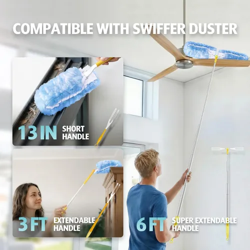Vista 5 de Recambio de plumero para plumero Swiffer, 100 repuestos de plumero resistentes de 2 lados de 360°, 6 microfibras, plumeros desechables