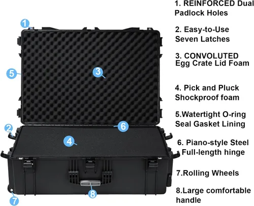 Vista 4 de Regetek Estuche con ruedas con espuma, 37 x 25.5 x 12 pulgadas, funda rígida de transporte con ruedas/3 asas grandes para cámara, herramienta