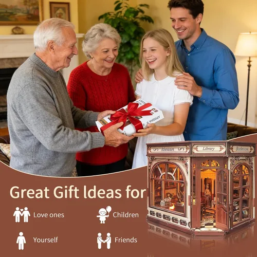 Vista 8 de BELEEV Kit de rincón de libros – Librero de madera en miniatura con luces LED, puerta que se puede abrir, rompecabezas 3D, decoración de estantería