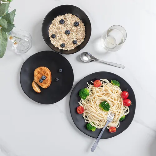 Vista 4 de Juego de platos y cuencos de melamina negra, juegos de vajilla de melamina de 12 piezas para uso en interiores y exteriores, juego de platos ligeros