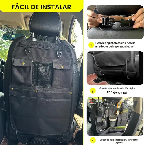 Vista 5 de Organizador de respaldo de asiento de coche negro con múltiples bolsillos y ganchos