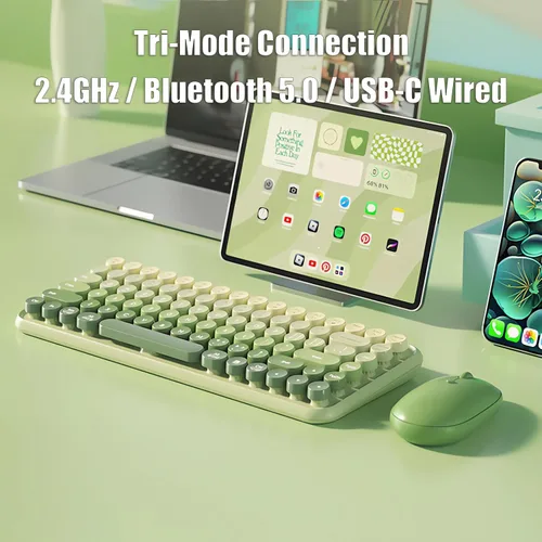 Vista 2 de Teclado de máquina de escribir inalámbrico de 2.4 GHz/Bluetooth/USB-C con cable de membrana recargable para juegos, interruptor de sensación