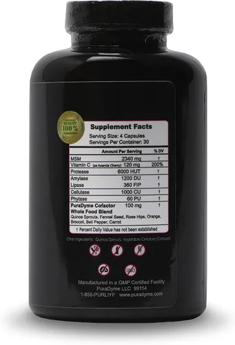 Vista 2 de PuraDyme MSM con mezcla de alimentos integrales Cofactor - 180 cápsulas veganas