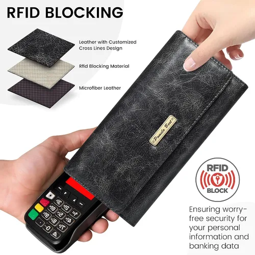 Vista 5 de Billetera para mujer, con bloqueo RFID, triple pliegue, tarjetero, delgada, con bolsillo para monedas con cremallera, Negro -, Negro