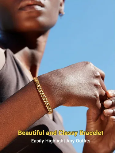 Vista 5 de PROSTEEL Pulsera de acero inoxidable para hombres y mujeres, elegantes pulseras de eslabones cubanos, chapado en oro negro de 18 quilates, ancho