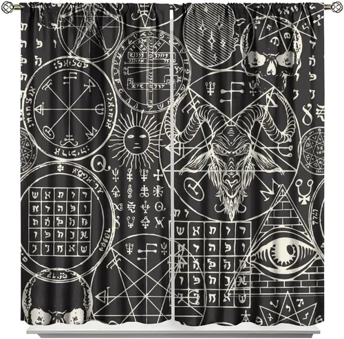 Vista 12 de BAEKJIN Cortinas de cabeza de cabra, diseño de calavera malvada, bruja, símbolo misterioso, bolsillo para barra, cortinas opacas para ventana, juego