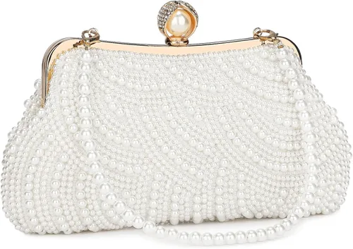 Vista 11 de UBORSE Bolso de mano de perlas para mujer, bolso de noche con cuentas de cristal noble para boda, con cadena de perlas