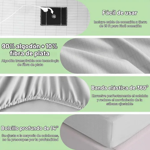 Vista 2 de Sábanas de conexión a tierra tamaño individual Premium de algodón para terapia de sueño saludable, sábanas ajustadas de bolsillo profundo con cable