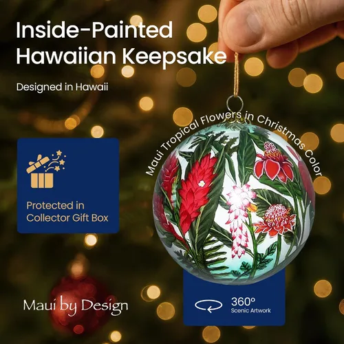 Vista 4 de Cornucopia Maui ornamento de Navidad de cristal pintado a mano con caja de regalo, recuerdo coleccionable CC/M