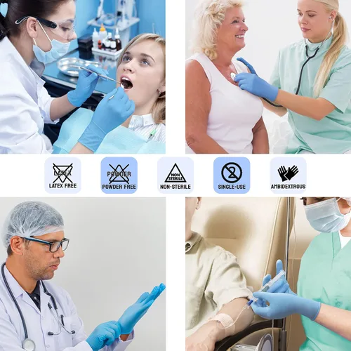 Vista 4 de Safe Health Nitrile Exam Gloves, 3.5 Mil, Bulk of 16 Cases, Latex Free, Powder Free, Blue, Medical Care, Nursing, Cleaning