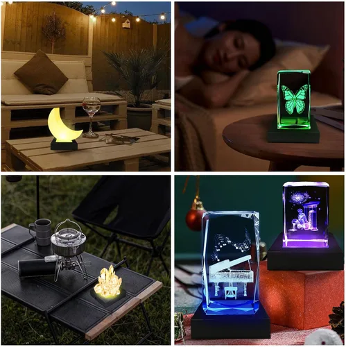 Vista 9 de Base cuadrada de soporte de luz LED de 2 piezas, pantalla multicolor de 3 pulgadas para cristal de cristal (negro)