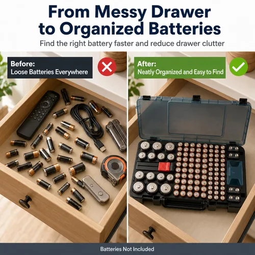 Vista 3 de Estuche Organizador y de Almacenamiento de Baterías con Probador. Caja Contenedor Portabaterias para más de 120 pilas AA AAA 9V C D, Litio CR2025