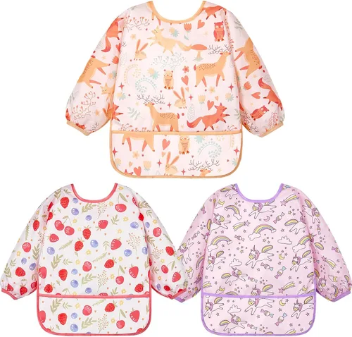 Vista 10 de Lictin 3 Pack Baby Bibs for Boy or Girl, Cute Long Sleeve Bib, Waterproof Bibs for Toddlers Multicolor-1