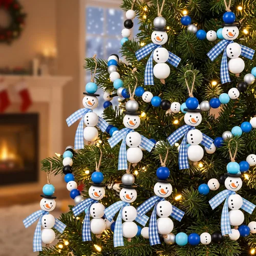Vista 3 de Yulejo 180 Pcs Christmas Snowman Wooden Plaid Bead Winter Xmas, Blue
