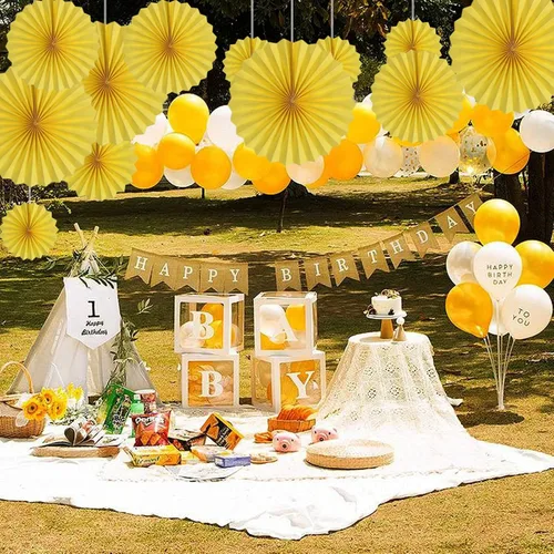 Vista 4 de HQZ Juego de 12 abanicos de papel para colgar en fiestas amarillas, juego de 12 abanicos de papel para colgar abanicos de papel, manualidades