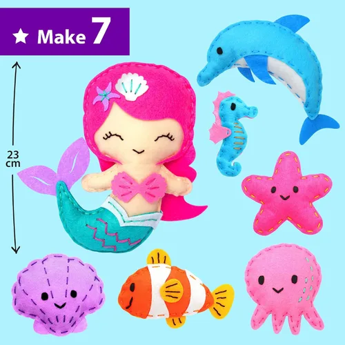 Vista 3 de KRAFUN Kit de costura de animales marinos de sirena para principiantes, kit de arte y manualidades, incluye 5 muñecas de felpa suave, instrucciones