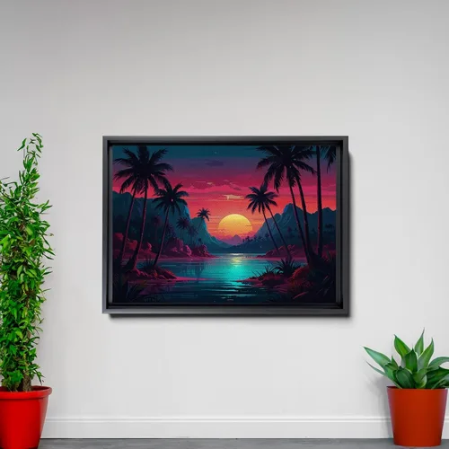 Vista 4 de Neon Sunset Vibes Florida Synthwave Sunset Framed Canvas Print, Retro Miami Style Wall Art, Canvas, Decor