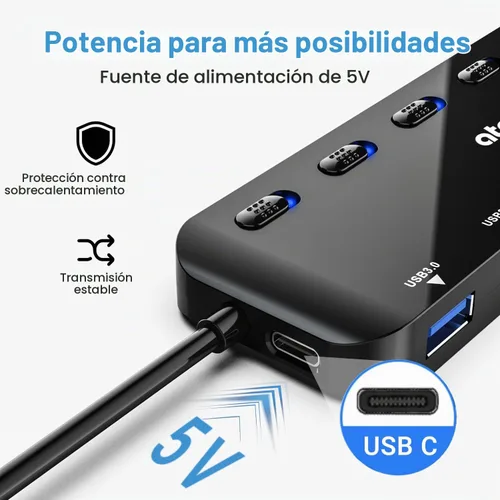 Vista 4 de atolla Divisor de concentrador USB 3.0 de 7 puertos, extensor USB Ultra Slim Data USB Hub con interruptor de alimentación individual y LED