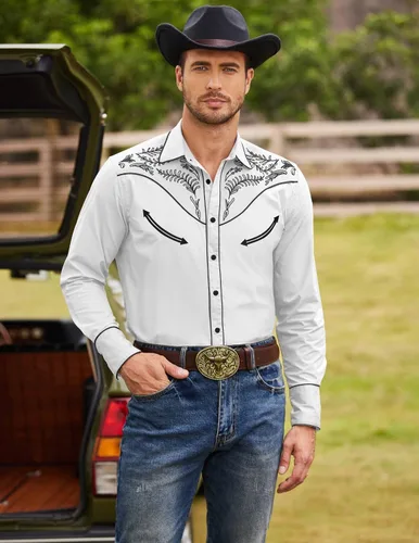Vista 3 de COOFANDY - Camisa vaquera occidental para hombre de algodón, casual, de manga larga, con botones