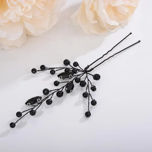 Vista 2 de Teyglen Juego de 3 horquillas de cristal de perlas negras para novia, accesorios para el cabello de boda, piezas de pelo de perlas negras hechas a