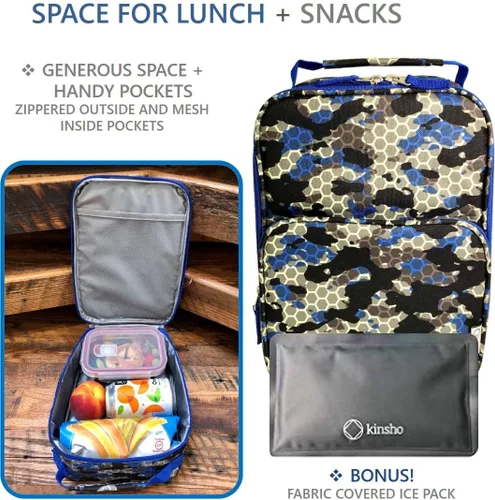 Vista 3 de Paquete de loncheras Bento para niños, adolescentes y adultos (1 paquete grande azul, 1 unidad) + lonchera de camuflaje para niños y hombres
