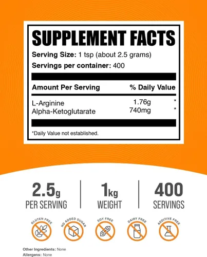 Vista 2 de BulkSupplements. com AAKG - Suplemento de arginina AKG en polvo, suplemento de óxido nítrico, sin sabor y sin gluten, 0.09 oz por porción, 2.2 lbs